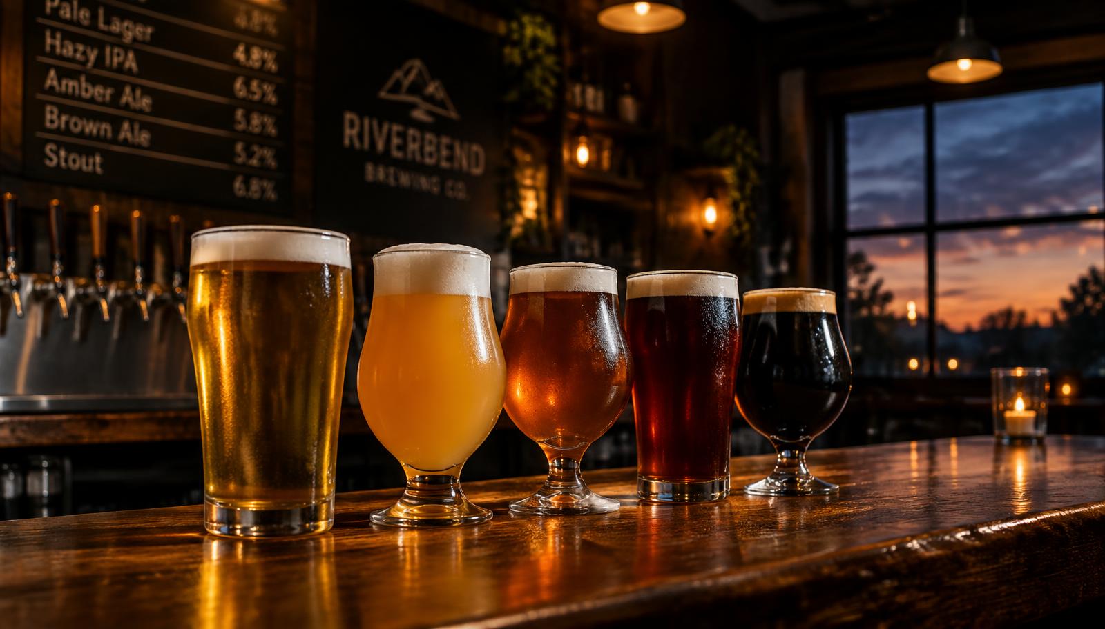 A flight of beers from pale lager to stout on a taproom bar